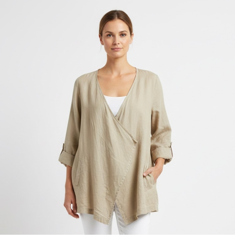 Chaus New York Beige Tan 100% Linen Open Front Lightweight Breathable Jacket